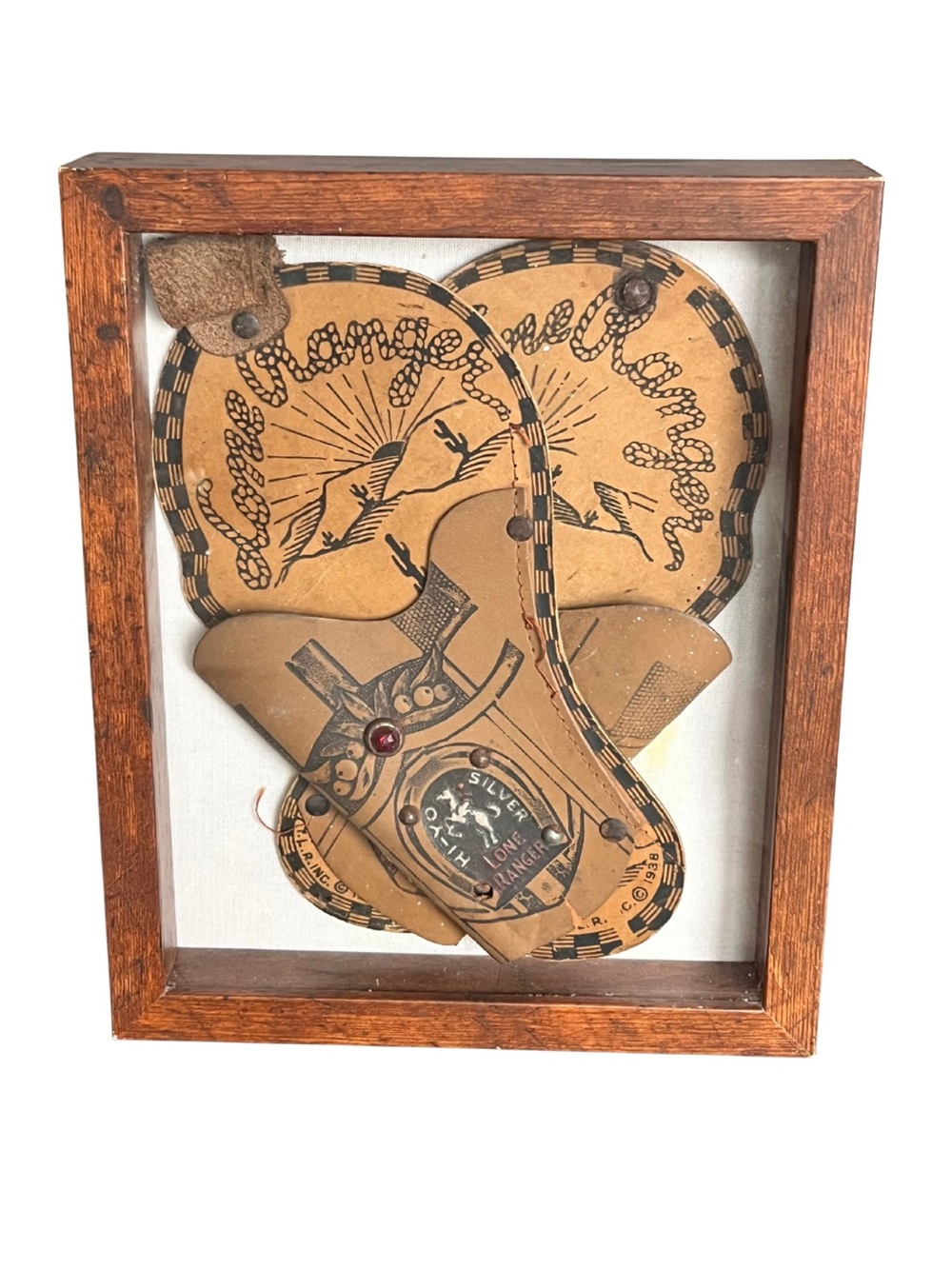 Vintage 1938 Lone Ranger Leather Holsters Framed Shadow Box Hi‑Yo Silver
